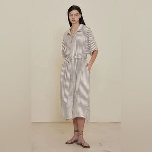 Grade and Gather brown stripe button down tie dress NWT